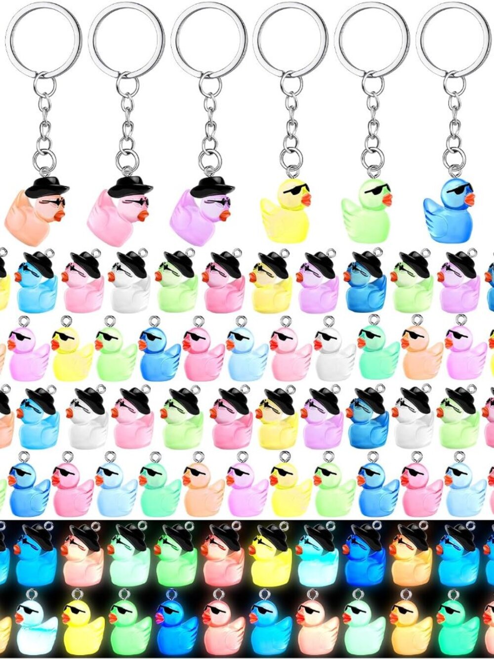 100 Pcs Duck Keychain, 3D Glow in The Dark Resin Duck